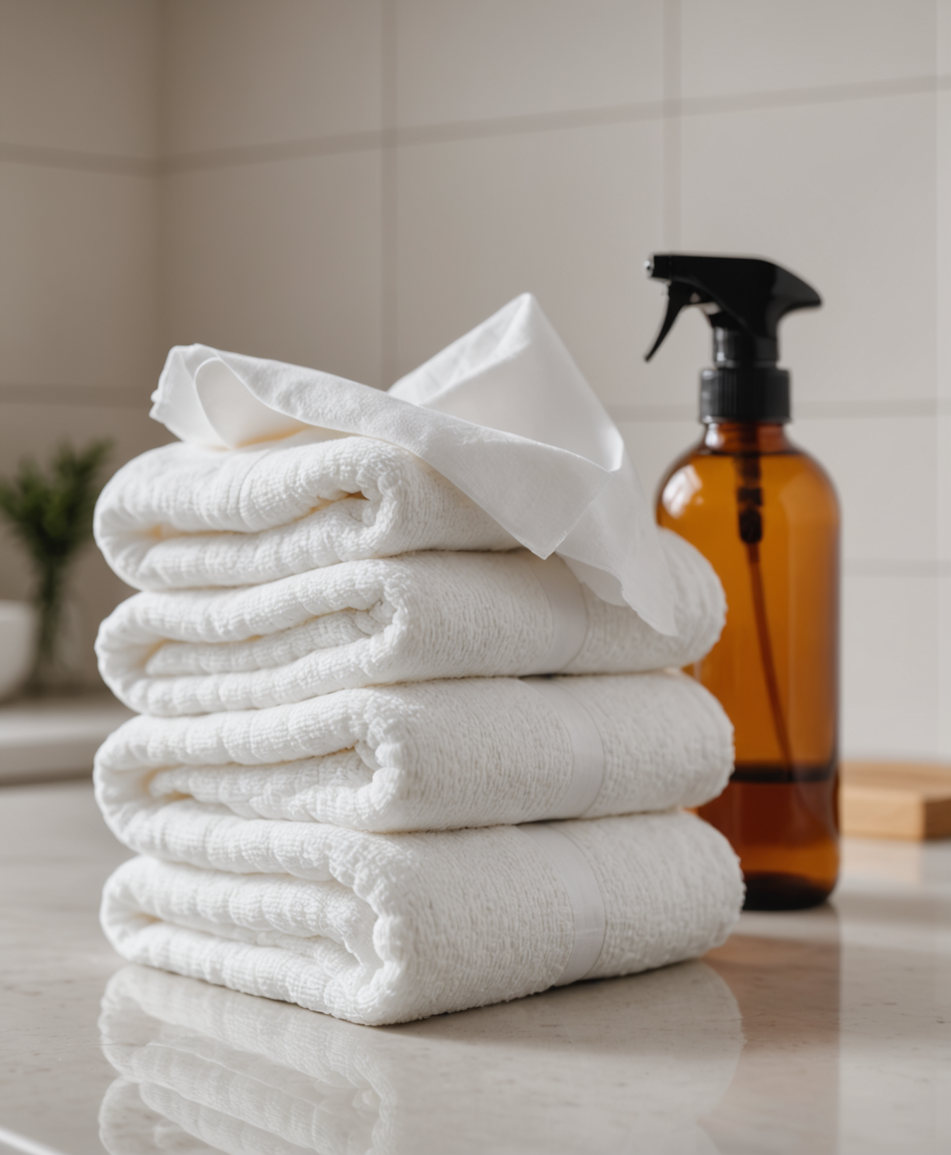 Close-up of cleaning equipment and supplies neatly arranged before a job